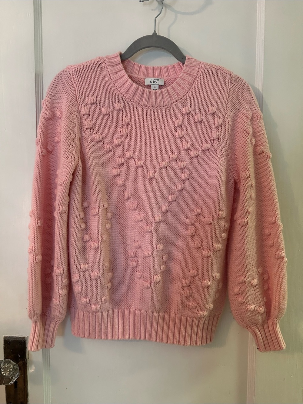 J. Crew Pink Pom-Dot Heart Crewneck Sweater